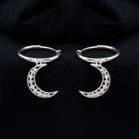Rosec Jewels certified diamond moon drop hoop earrings featuring elegant sterling silver hoops with sparkling diamond accents.
