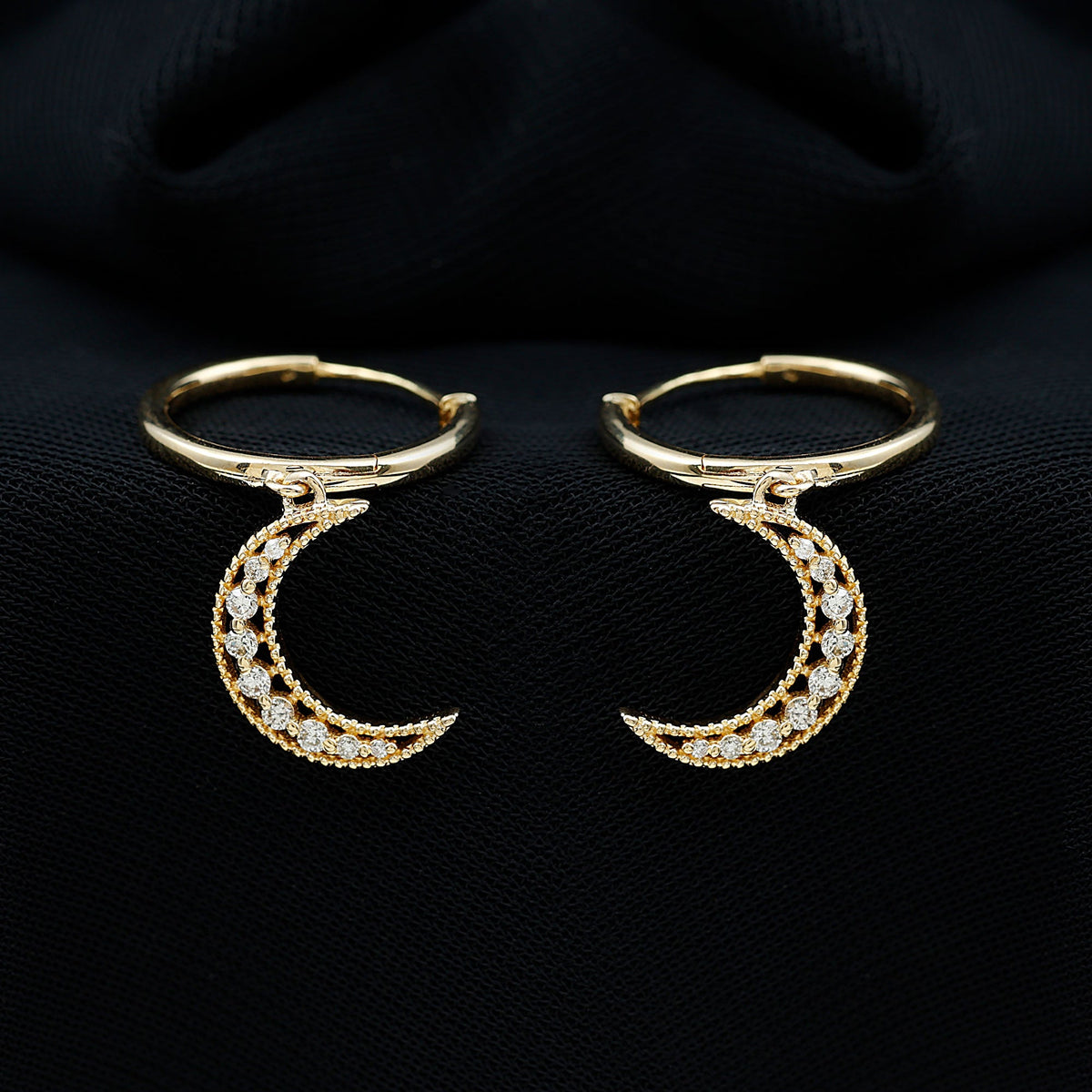 Rosec Jewels certified diamond moon drop hoop earrings with sparkling diamonds and elegant design.