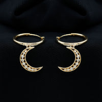 Rosec Jewels certified diamond moon drop hoop earrings with sparkling diamonds and elegant design.