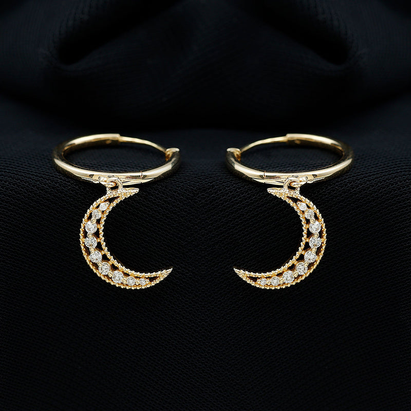 Rosec Jewels certified diamond moon drop hoop earrings with sparkling diamonds and elegant design.