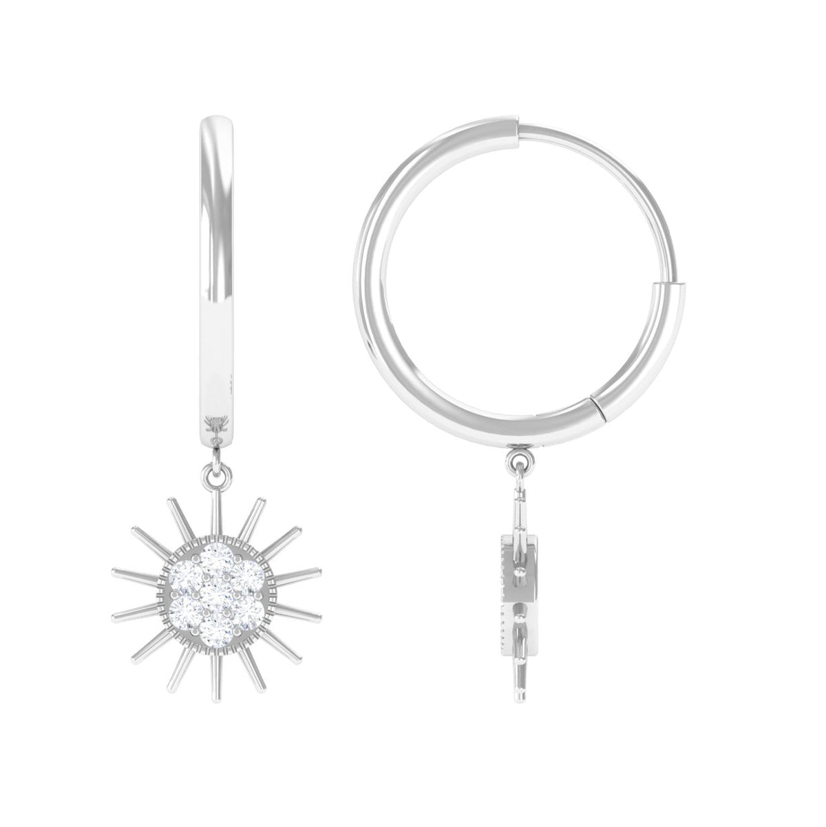 Certified Diamond Sunburst Hoop Earrings by Rosec Jewels featuring sparkling diamond accents and a radiant sunburst design.