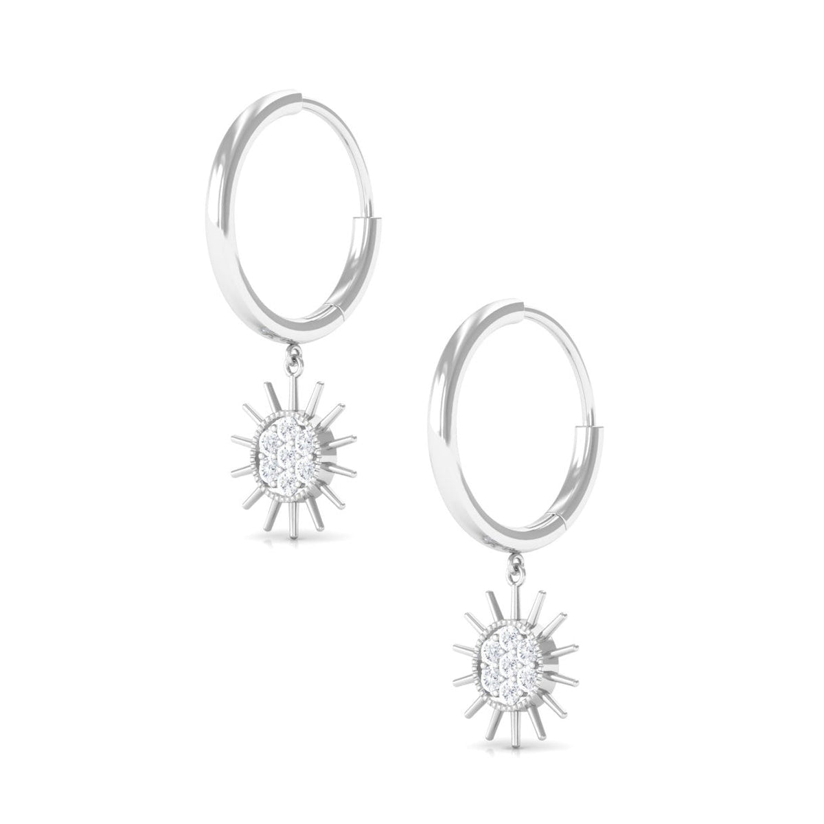 Certified diamond sunburst hoop earrings by Rosec Jewels, showcasing sparkling diamond accents on elegant hoop earrings.