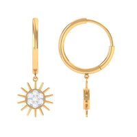 Rosec Jewels Certified Diamond Sunburst Hoop Earrings, gold-plated earrings with sparkling diamond accents, close-up view.