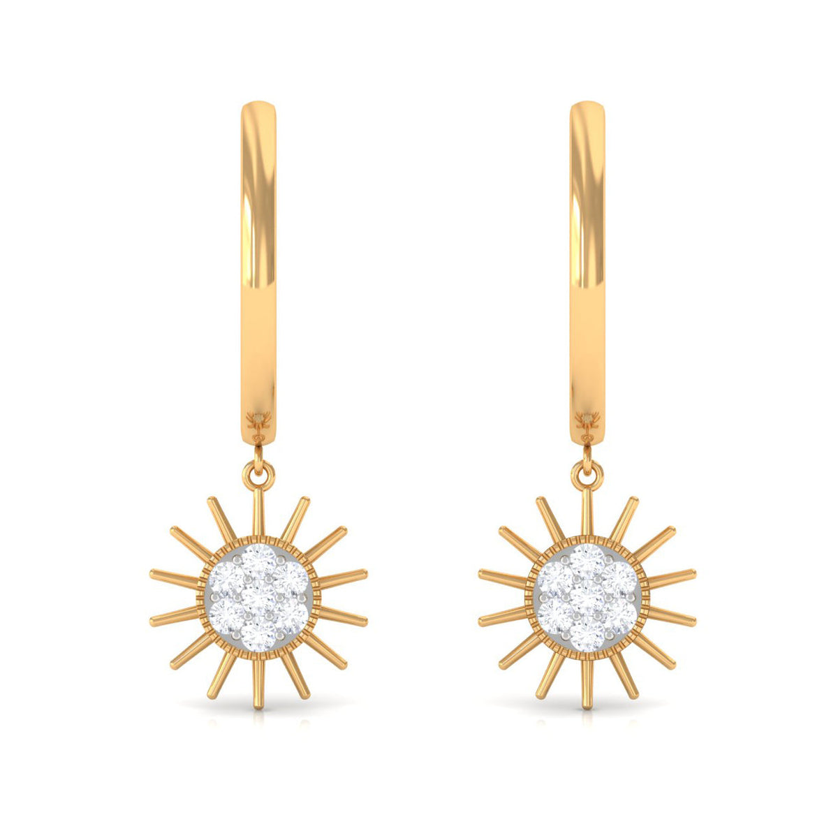 Rosec Jewels certified diamond sunburst hoop earrings with sparkling diamonds and intricate sunburst design.