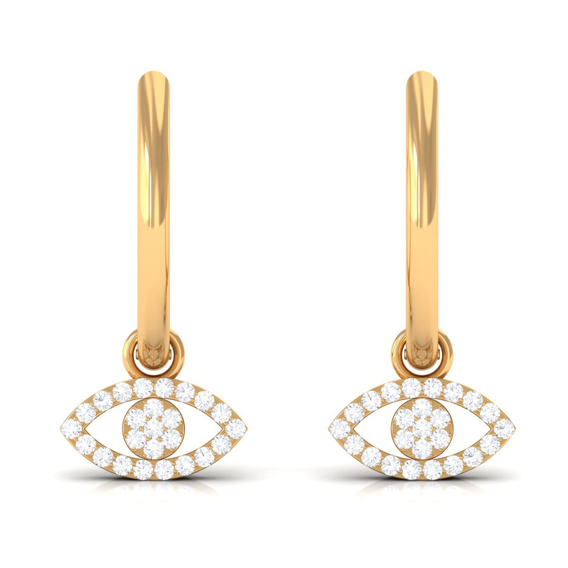 Natural diamond evil eye drop hoop earrings from Rosec Jewels featuring sparkling diamonds and elegant design.