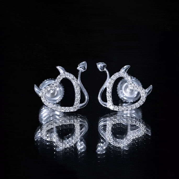 Round diamond devil heart earrings by Rosec Jewels featuring sparkling diamonds and a unique devil heart design.
