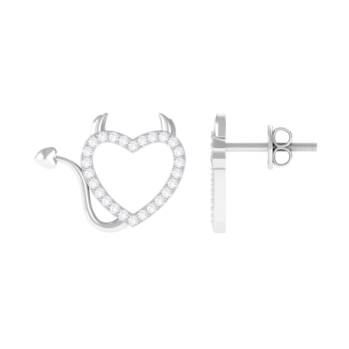 Round diamond devil heart earrings by Rosec Jewels featuring sparkling diamond accents and a unique devil heart design.