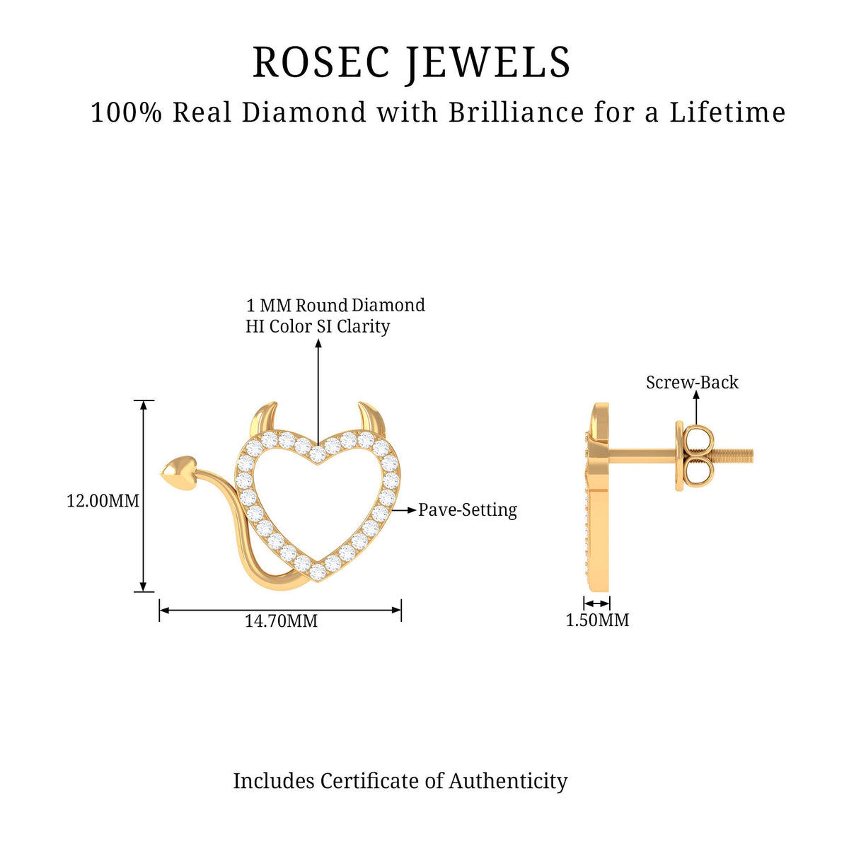Round diamond devil heart earrings by Rosec Jewels featuring sparkling diamonds and intricate heart-shaped design.