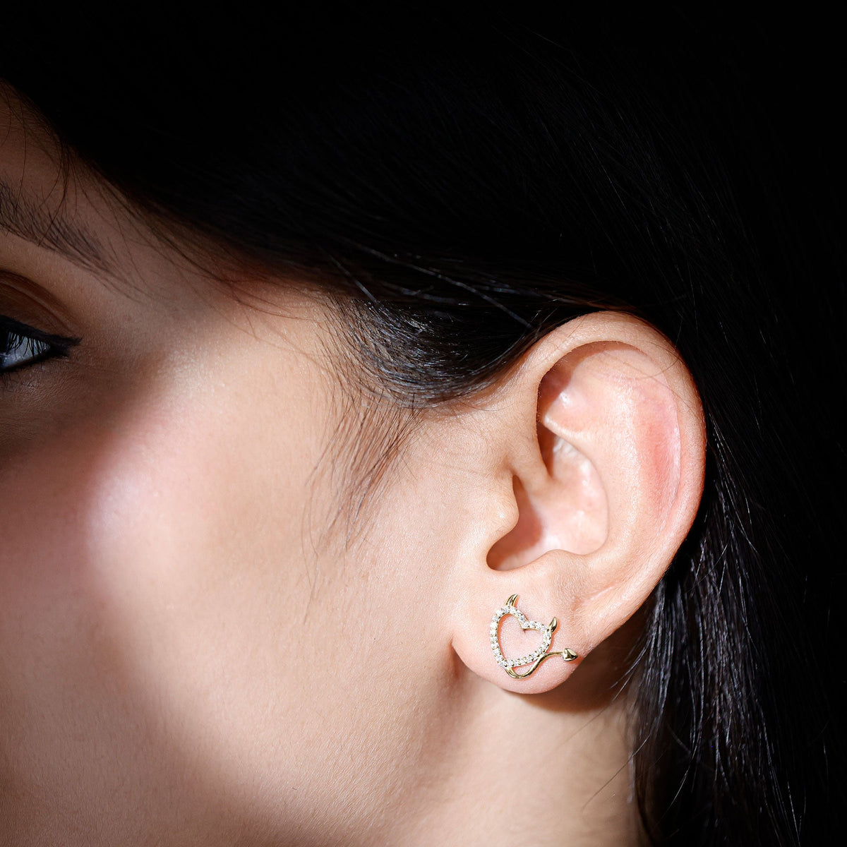 Round diamond devil heart earrings by Rosec Jewels featuring sparkling diamond accents on a stylish heart-shaped design.