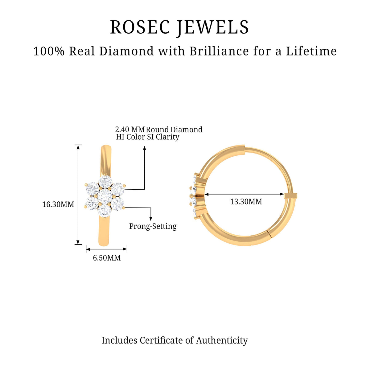 Rosec Jewels diamond flower hoop earrings for women, featuring intricate floral design and sparkling diamonds.