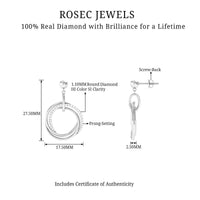 Round cut diamond drop earrings with screw back closure by Rosec Jewels, showcasing sparkling diamonds and elegant design.