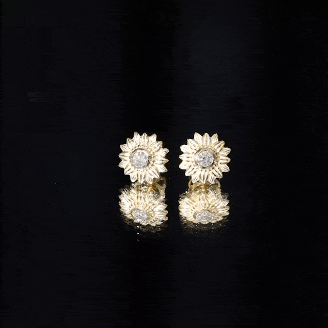 Yellow diamond sunflower stud earrings by Rosec Jewels, showcasing intricate floral design in gold with sparkling diamonds.