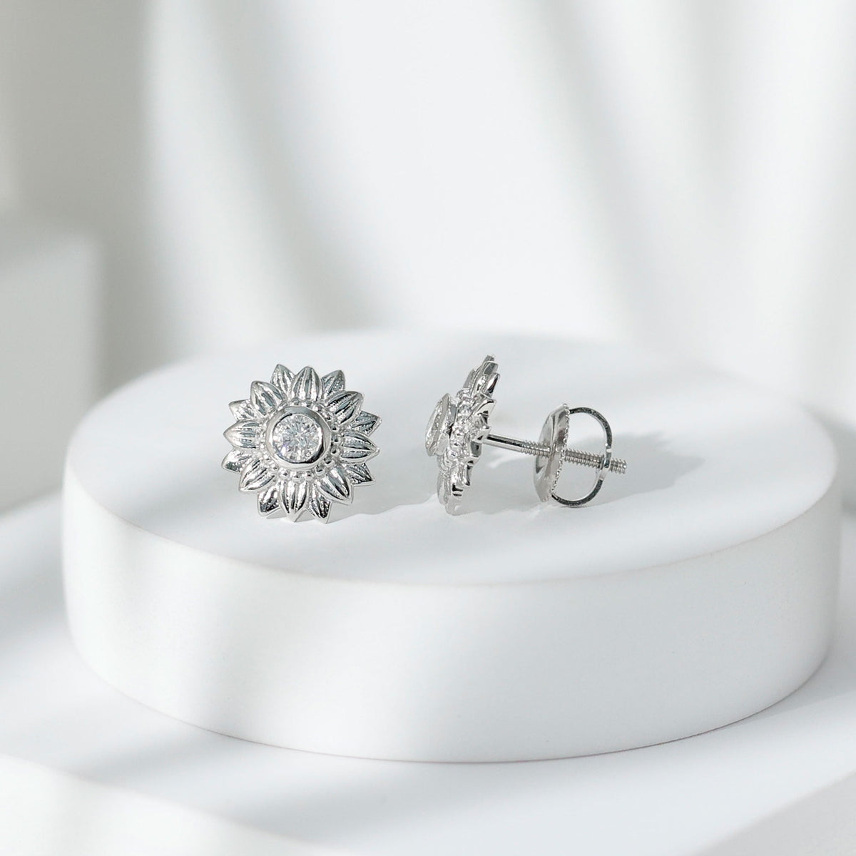 Rosec Jewels diamond sunflower stud earrings for women, featuring sparkling diamond accents and sunflower design.