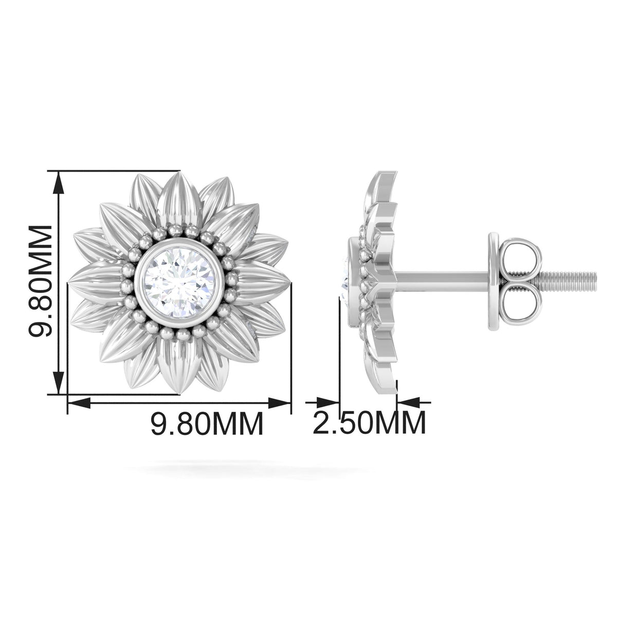 Diamond sunflower stud earrings for women by Rosec Jewels featuring sparkling diamond accents and sunflower design.