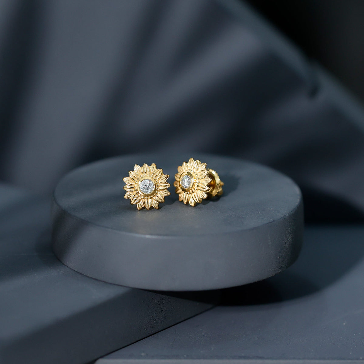 Diamond sunflower stud earrings for women by Rosec Jewels featuring sparkling diamond accents and sunflower design.