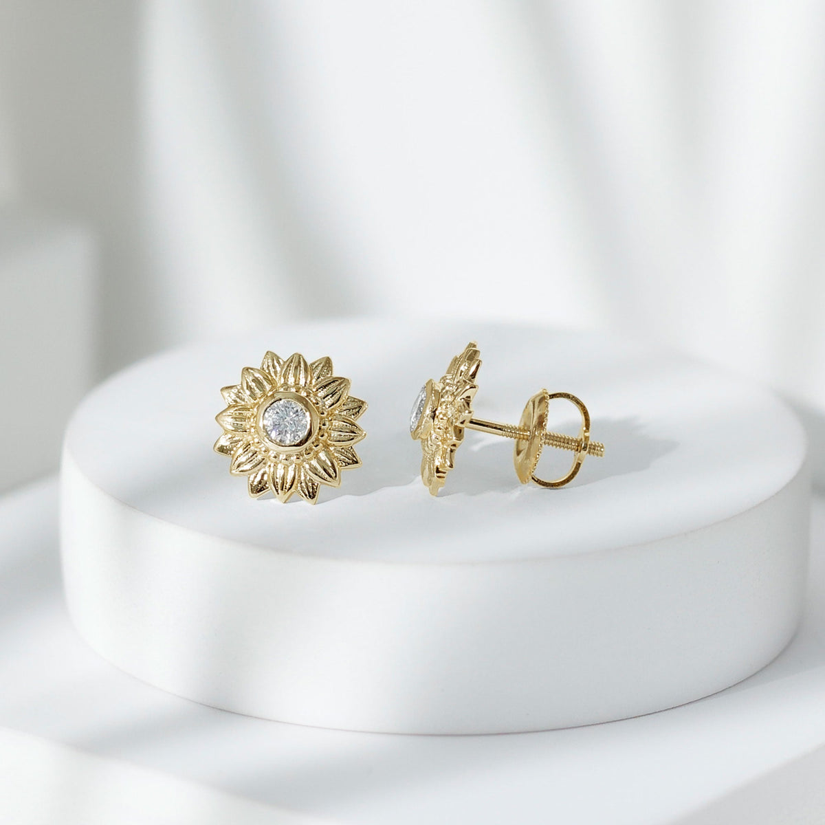 Diamond sunflower stud earrings for women by Rosec Jewels featuring sparkling diamond accents and sunflower design.