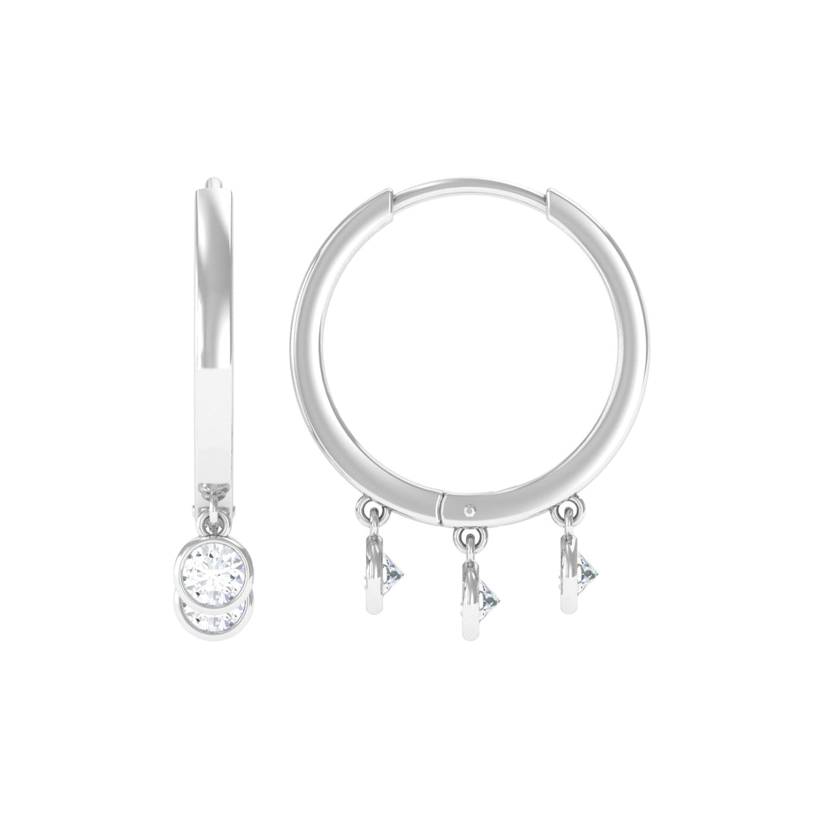 Natural 3 stone diamond drop hoop earrings by Rosec Jewels featuring elegant hoops with sparkling diamond stones.