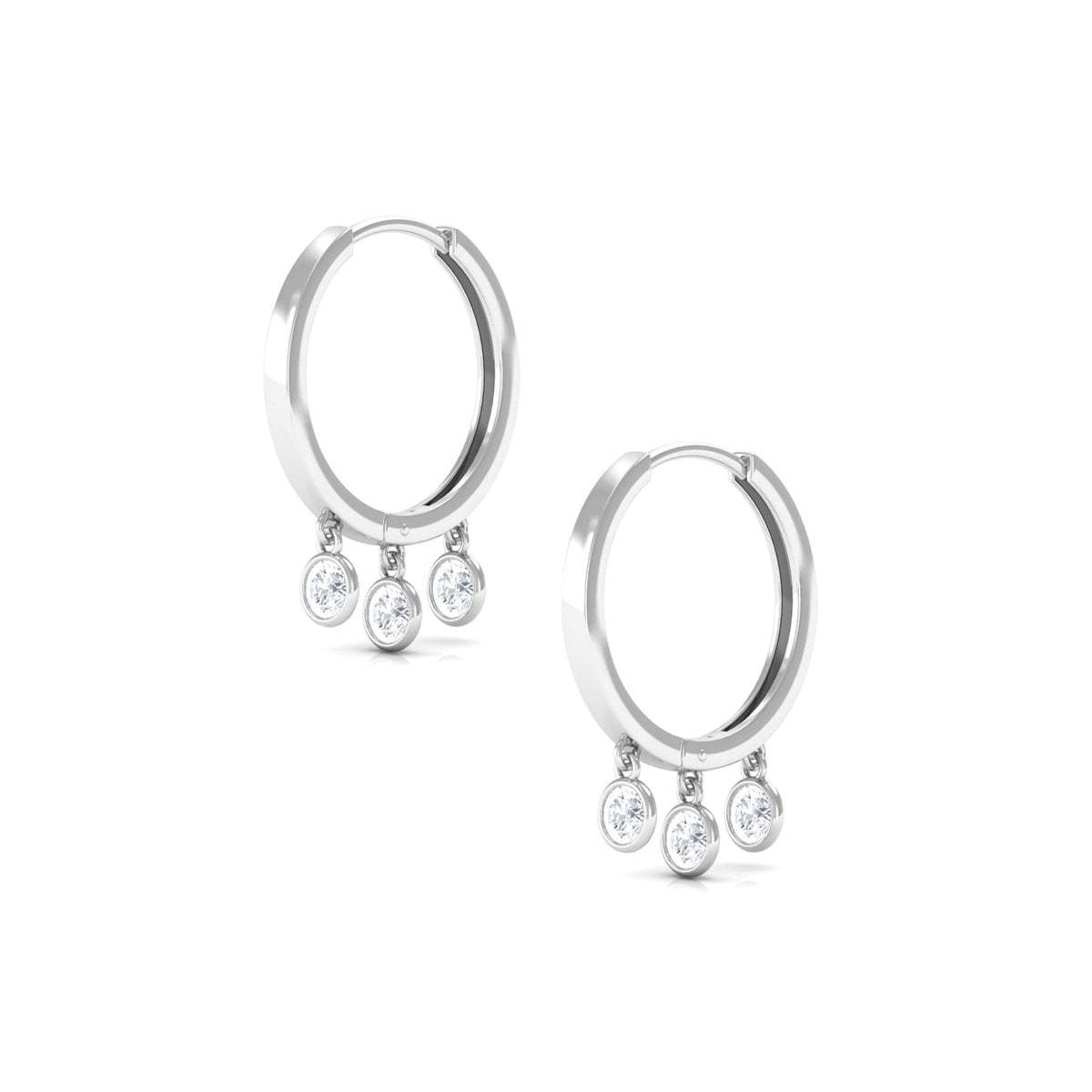 Natural 3 stone diamond drop hoop earrings by Rosec Jewels featuring elegant hoops with sparkling diamond accents.