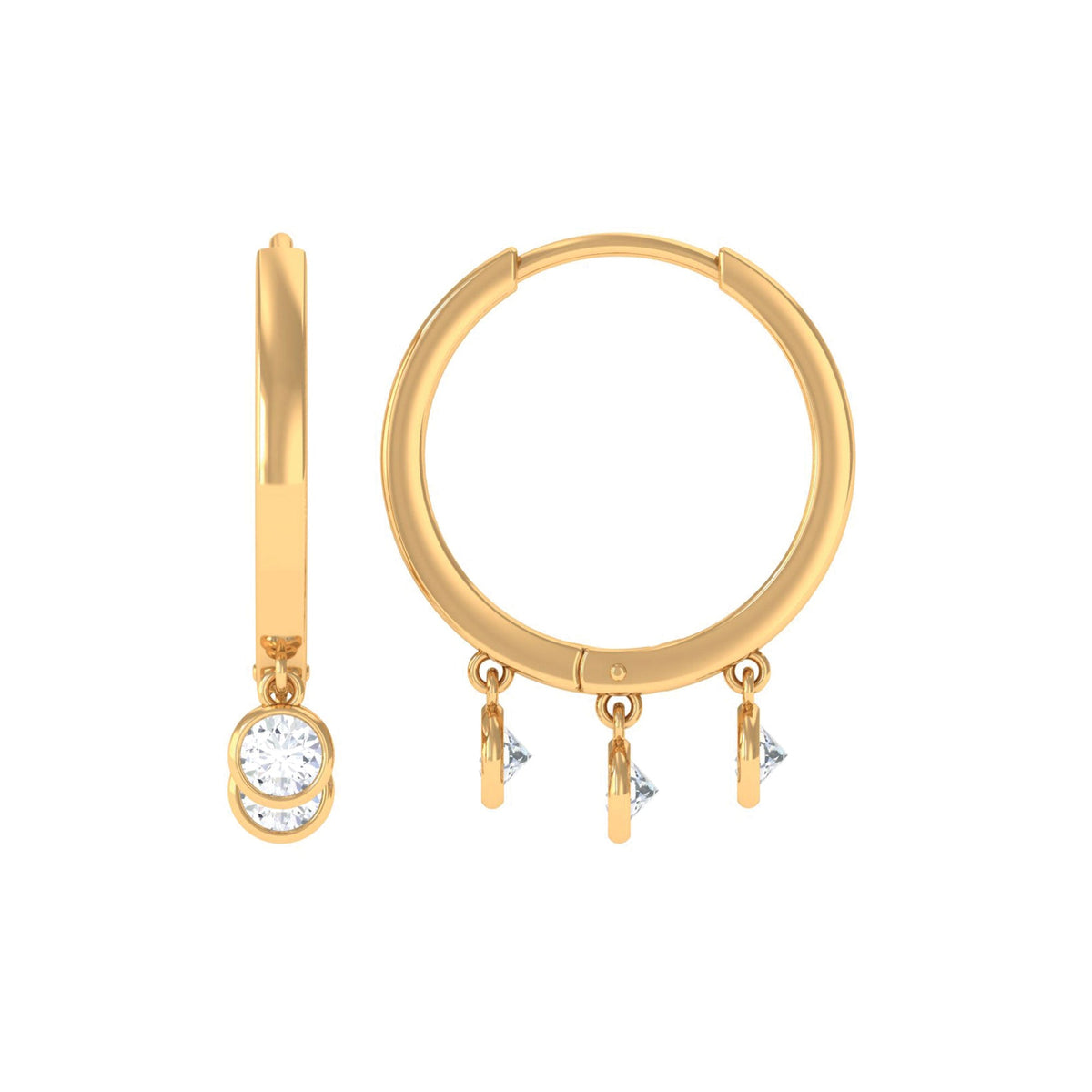 Natural 3 stone diamond drop hoop earrings from Rosec Jewels featuring elegant gold hoops with sparkling diamond accents.