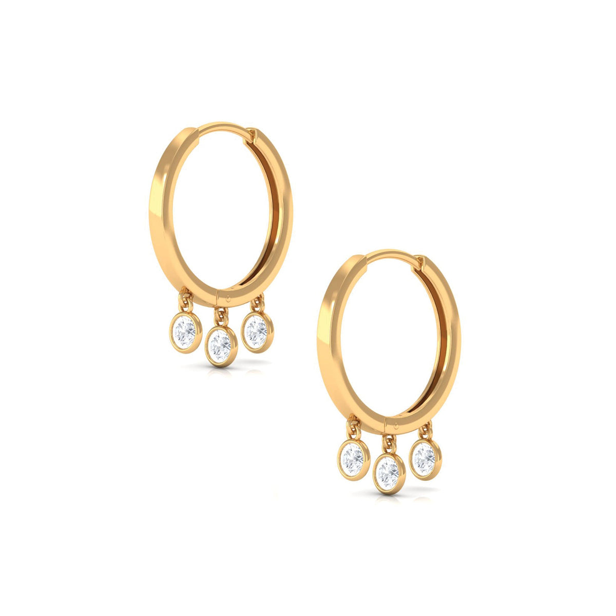 Natural 3 stone diamond drop hoop earrings by Rosec Jewels featuring elegant gold hoops with sparkling diamond accents.
