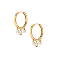 Natural 3 stone diamond drop hoop earrings by Rosec Jewels featuring elegant gold hoops with sparkling diamond accents.
