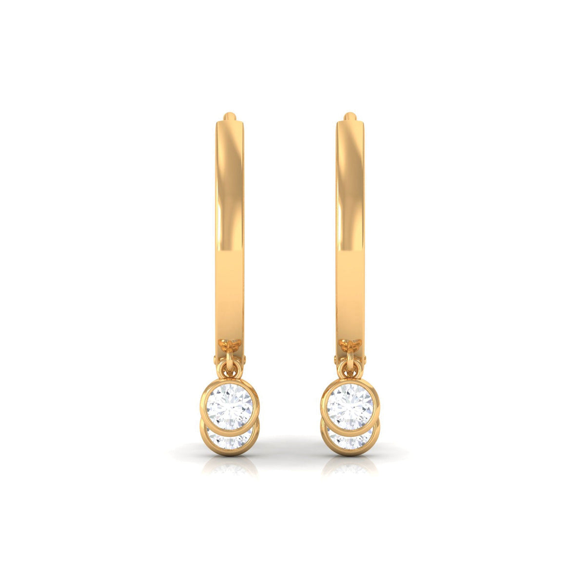 Natural 3 stone diamond drop hoop earrings by Rosec Jewels, featuring elegant gold hoops with sparkling diamond accents.