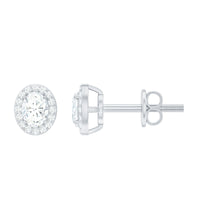 Rosec Jewels Halo diamond earrings with screw back, featuring sparkling diamonds and silver setting on a white background.