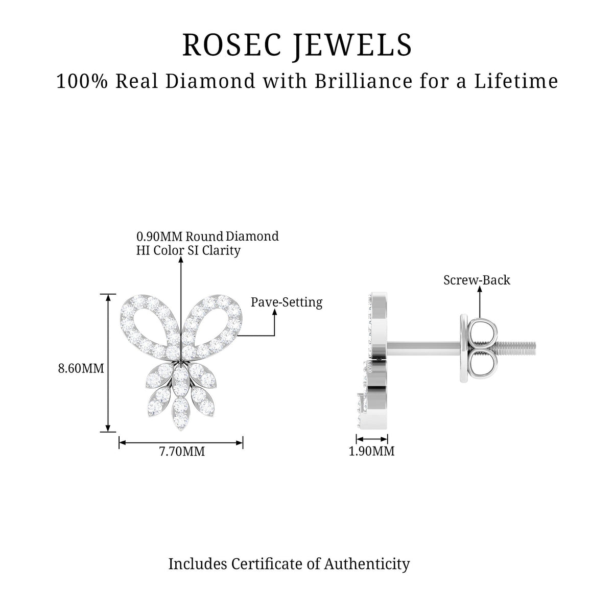 Rosec Jewels certified diamond bow earrings for women, featuring elegant diamond-studded design and delicate bow shape.