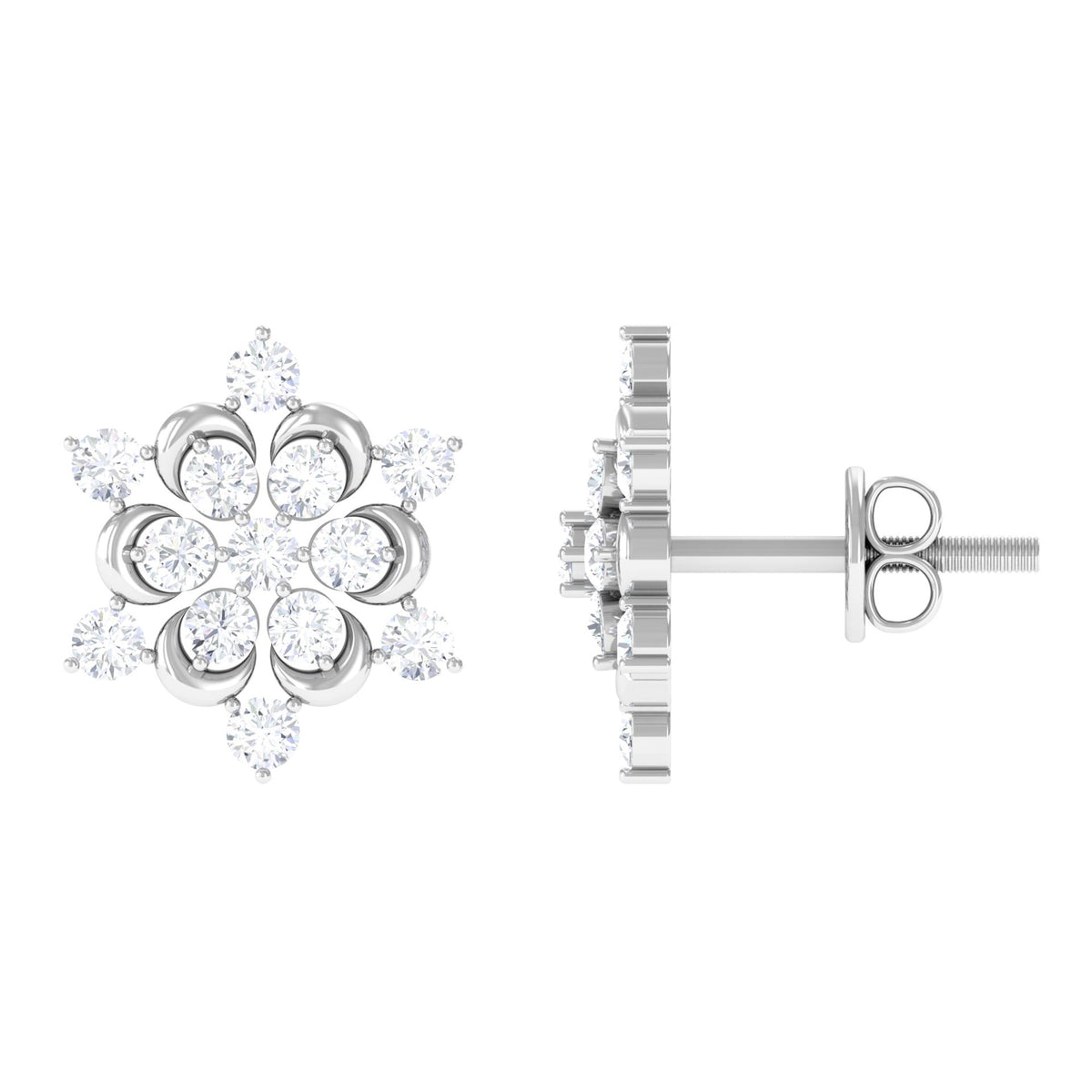 Certified diamond snowflake stud earrings by Rosec Jewels featuring sparkling diamond accents and intricate snowflake design.