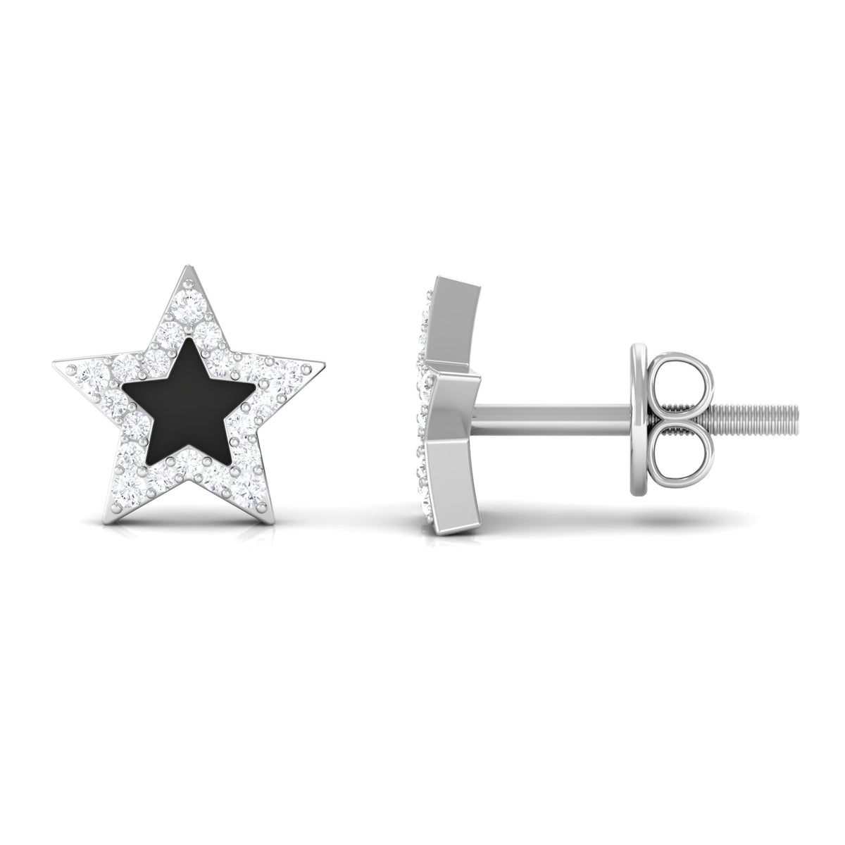 Natural Diamond Star Earrings with Black Enamel