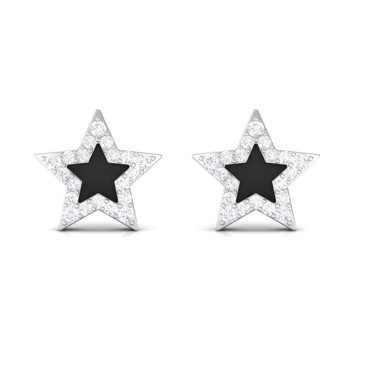 Natural Diamond Star Earrings with Black Enamel