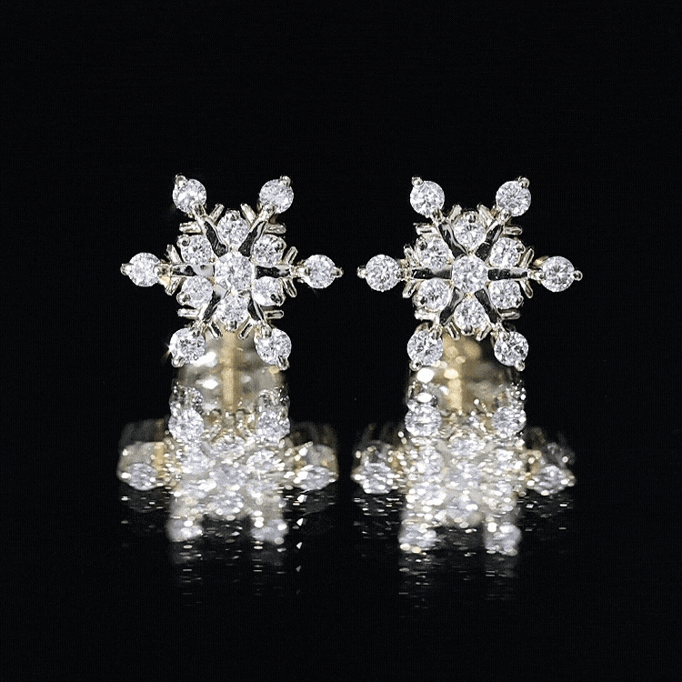 Yellow gold diamond snowflake stud earrings with screw back from Rosec Jewels, featuring sparkling certified diamonds.
