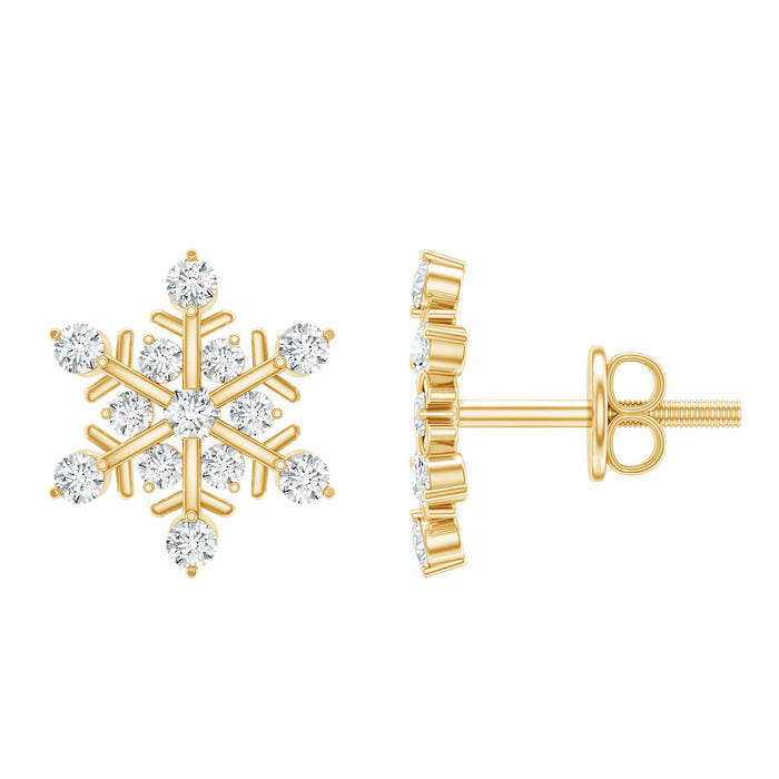 Certified diamond snowflake stud earrings with screw back from Rosec Jewels, featuring sparkling diamond accents and secure fastening.