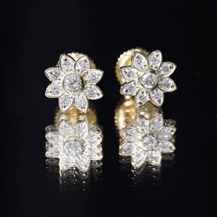 Yellow gold diamond flower stud earrings with screw back from Rosec Jewels, showcasing intricate floral design and sparkling diamonds.
