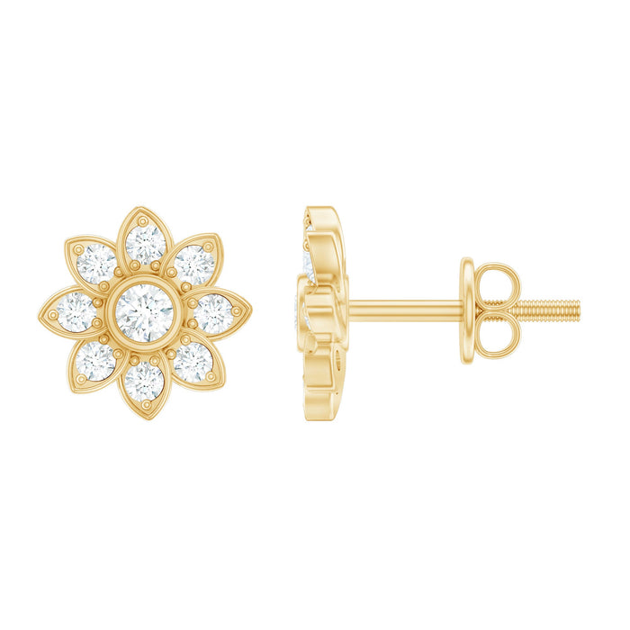 Rosec Jewels diamond flower stud earrings with screw back, featuring sparkling diamond accents and metal posts.