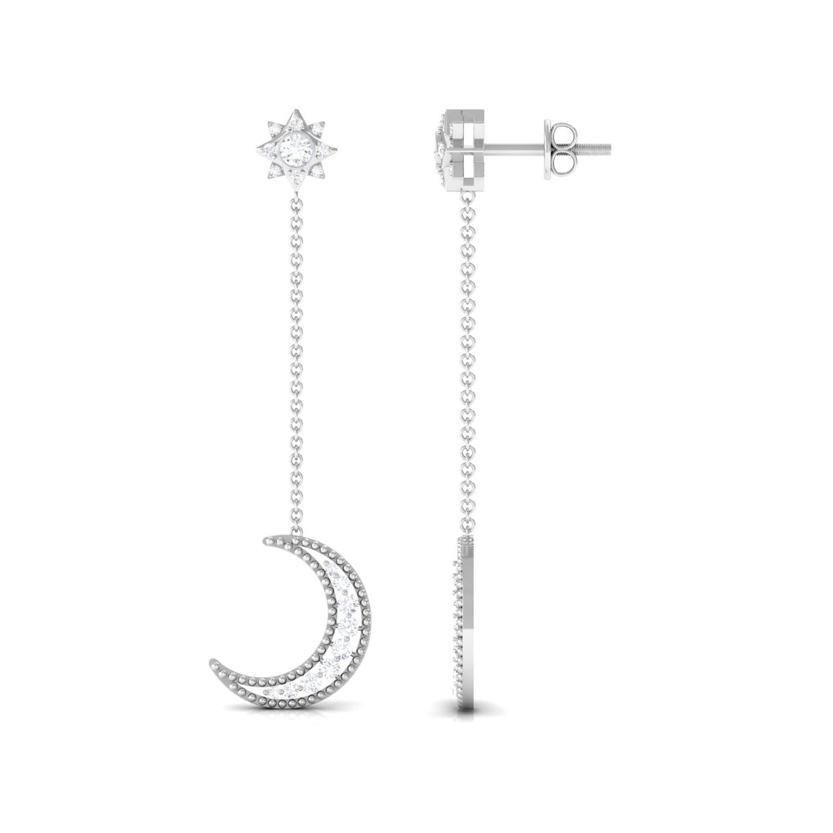 Rosec Jewels diamond star and moon chain earrings featuring sparkling diamonds and celestial design on silver hooks.