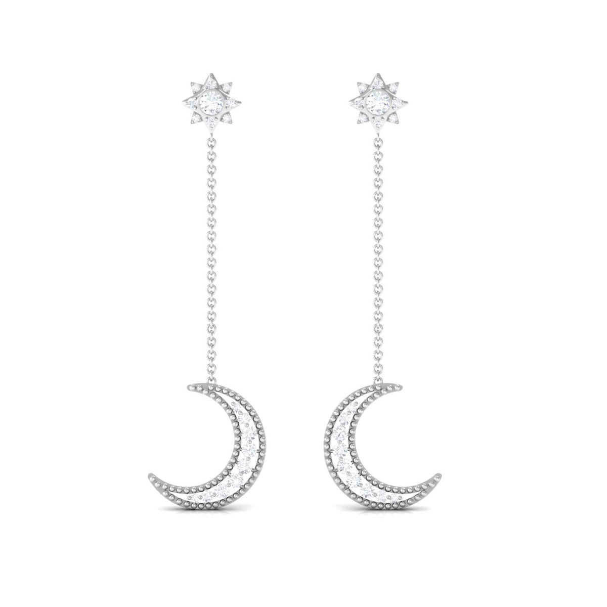 Rosec Jewels diamond star and moon chain earrings with sparkling gemstones and delicate gold chains, elegant jewelry for special occasions.