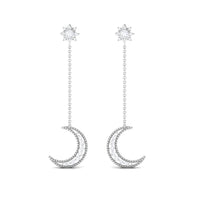 Rosec Jewels diamond star and moon chain earrings with sparkling gemstones and delicate gold chains, elegant jewelry for special occasions.