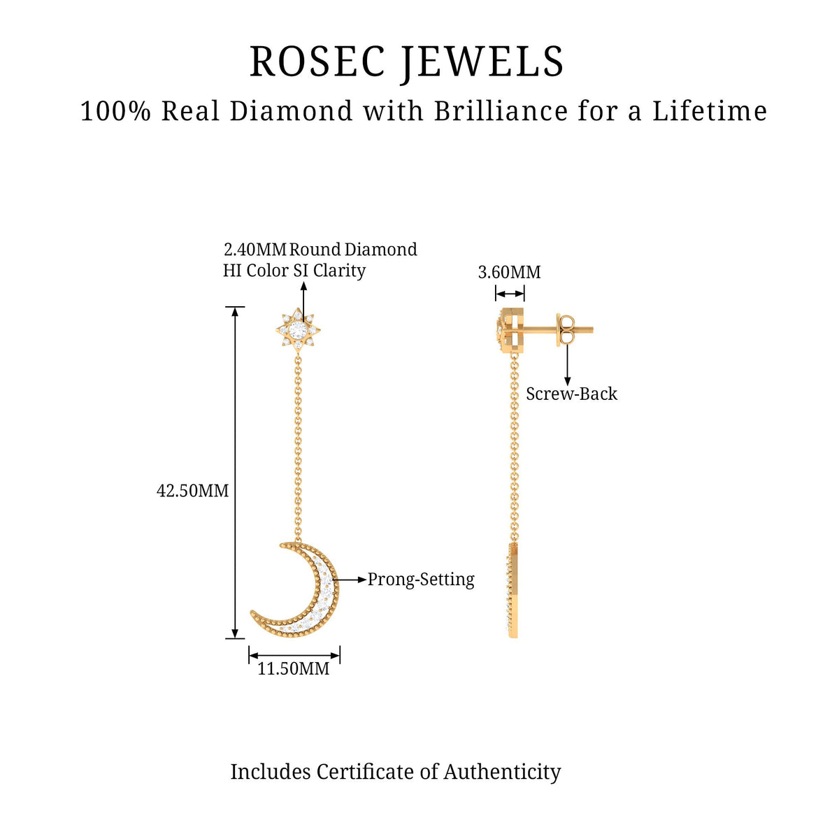 Rosec Jewels diamond star and moon chain earrings featuring sparkling diamond accents and celestial-inspired design.