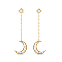 Rosec Jewels diamond star and moon chain earrings with sparkling gemstones and delicate chain design.