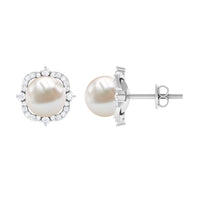 Cultured pearl stud earrings with diamond accents from Rosec Jewels, showcasing elegant white pearl and sparkling gemstones.
