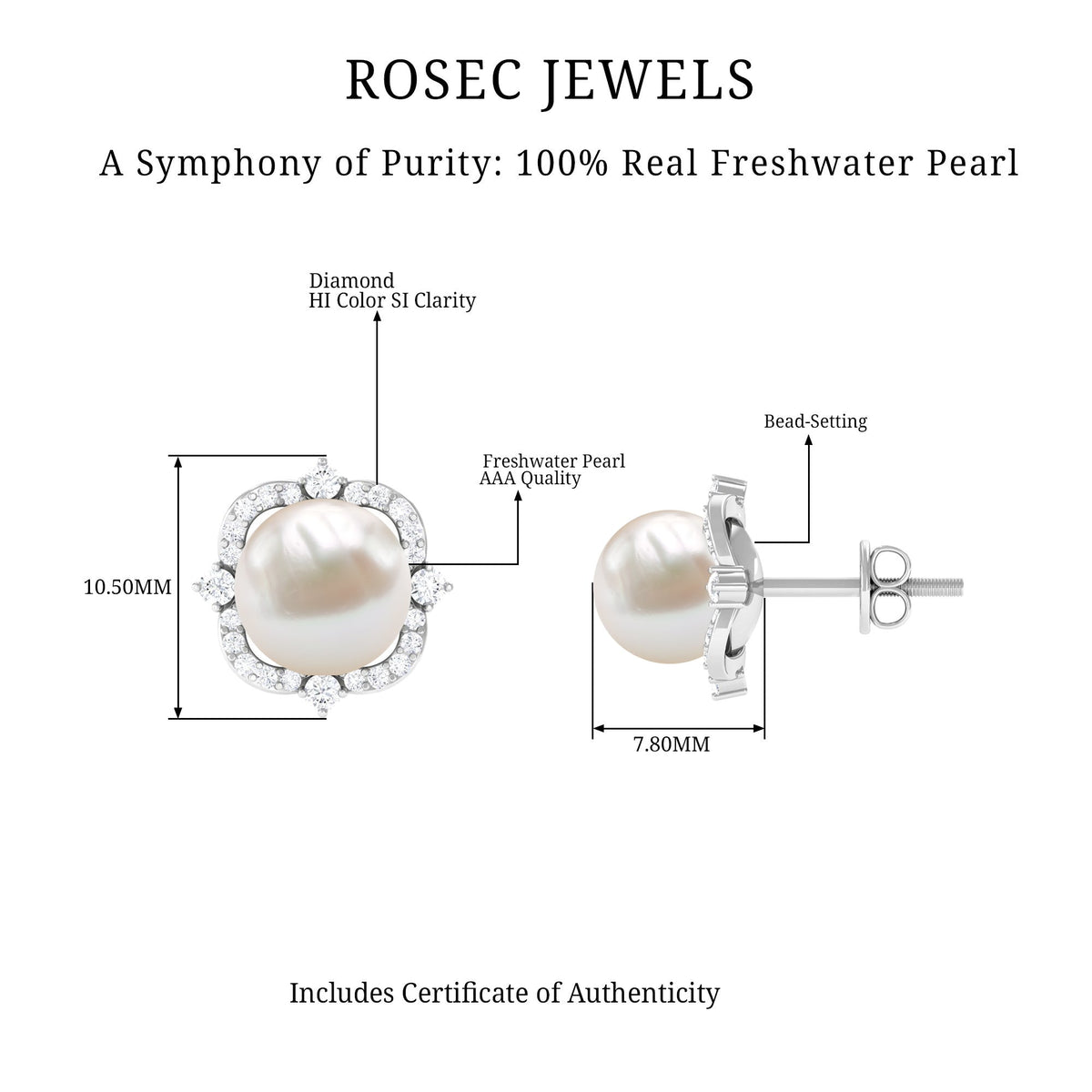 Cultured pearl stud earrings with diamond accents by Rosec Jewels, featuring elegant pearl and sparkling diamond details.