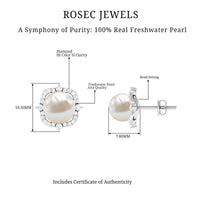 Cultured pearl stud earrings with diamond accents by Rosec Jewels, featuring elegant pearl and sparkling diamond details.