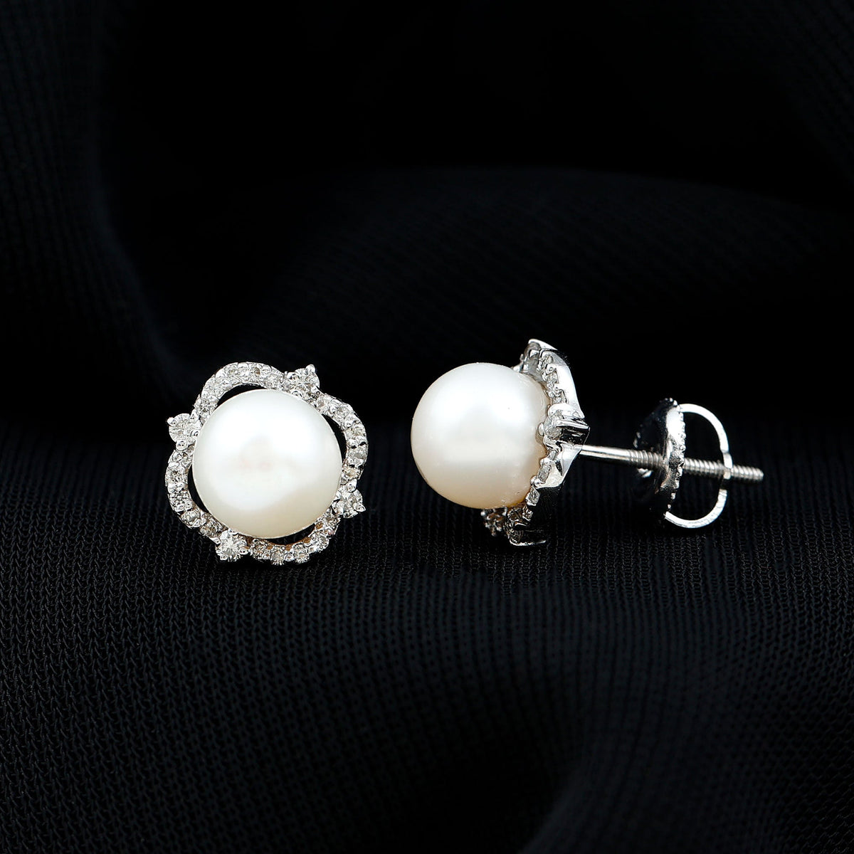 Cultured pearl and diamond stud earrings from Rosec Jewels featuring elegant, classic jewelry design.