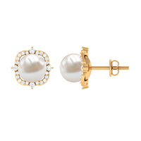 Cultured pearl stud earrings with diamond accents from Rosec Jewels, showcasing elegant jewelry design.