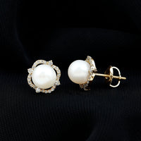 Cultured pearl stud earrings with diamond accents by Rosec Jewels, featuring elegant pearl and sparkling diamond details.