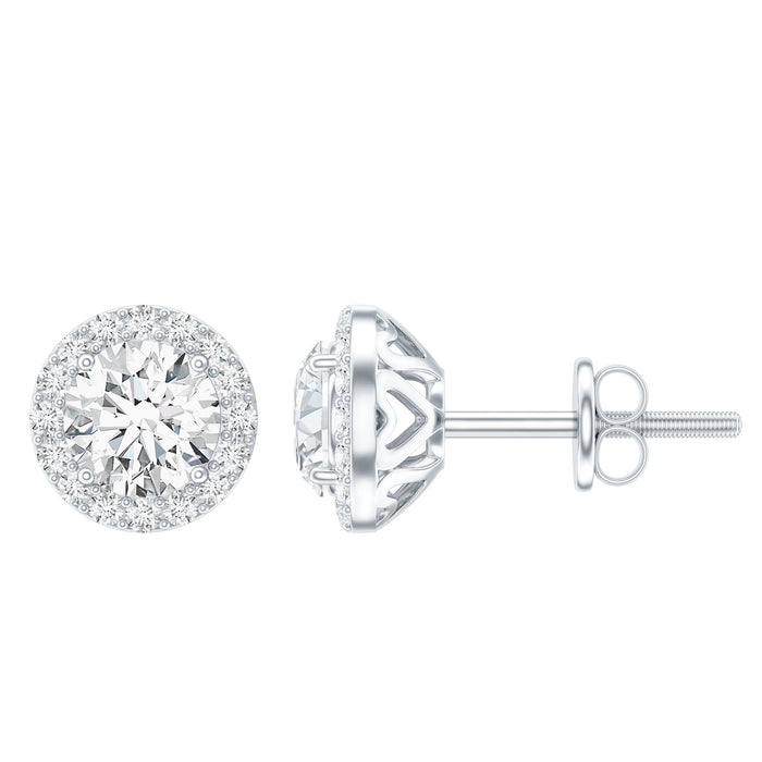 Certified 1 Carat round moissanite stud earrings in silver featuring classic, sparkling gemstone design by Rosec Jewels.