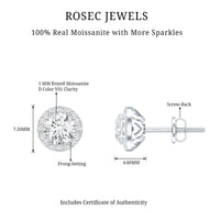 Certified 1 Carat Round Moissanite Classic Stud Earrings in Silver