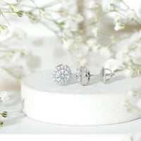 Certified 1 Carat Round Moissanite Classic Stud Earrings in Silver