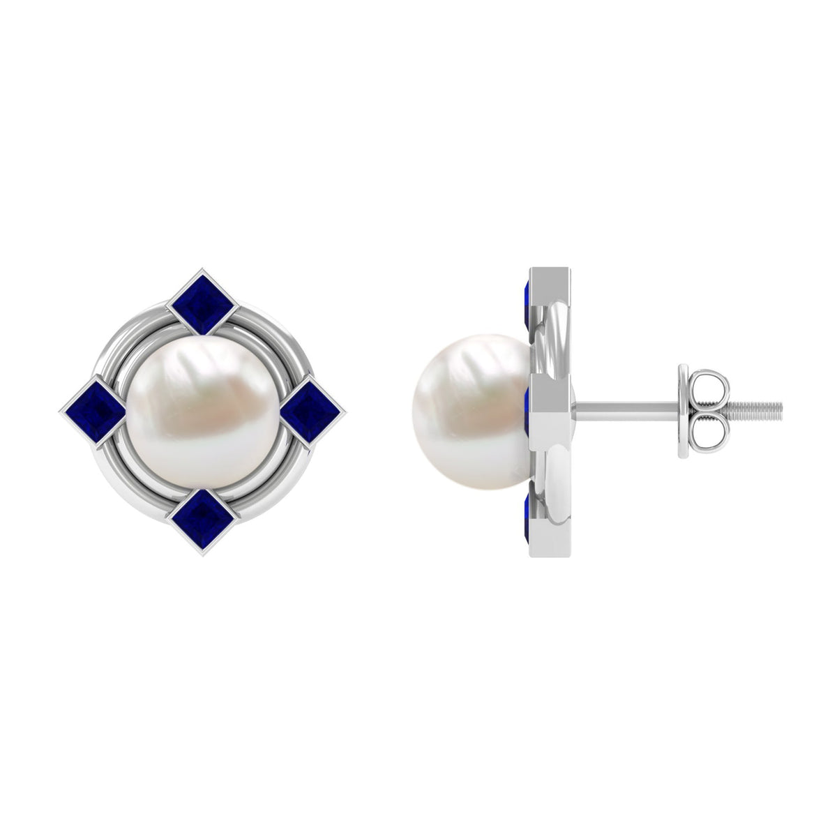 Rosec Jewels freshwater pearl and blue sapphire modern stud earrings, featuring elegant pearl and sapphire accents.